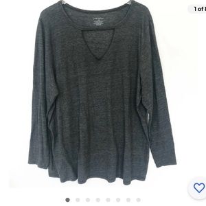 Lane Bryant Cut-Out Neck Long Sleeve Tee Sz 14/16 Dark Charcoal Grey